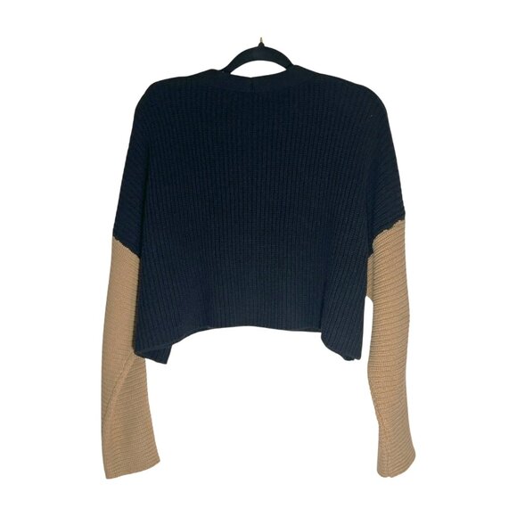 Forever 21 Color Block Cardigan Cropped Chunky Knit V-neck Black Beige Medium - Picture 2 of 7